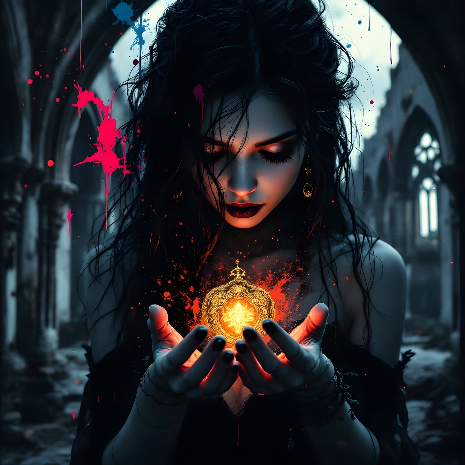 Surreal Grunge Goddess in Dimly Lit Abandoned Cathedral