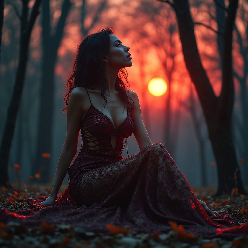 Dark Fantasy Portrait of a Woman in Sultry Pose Amid Autumn...