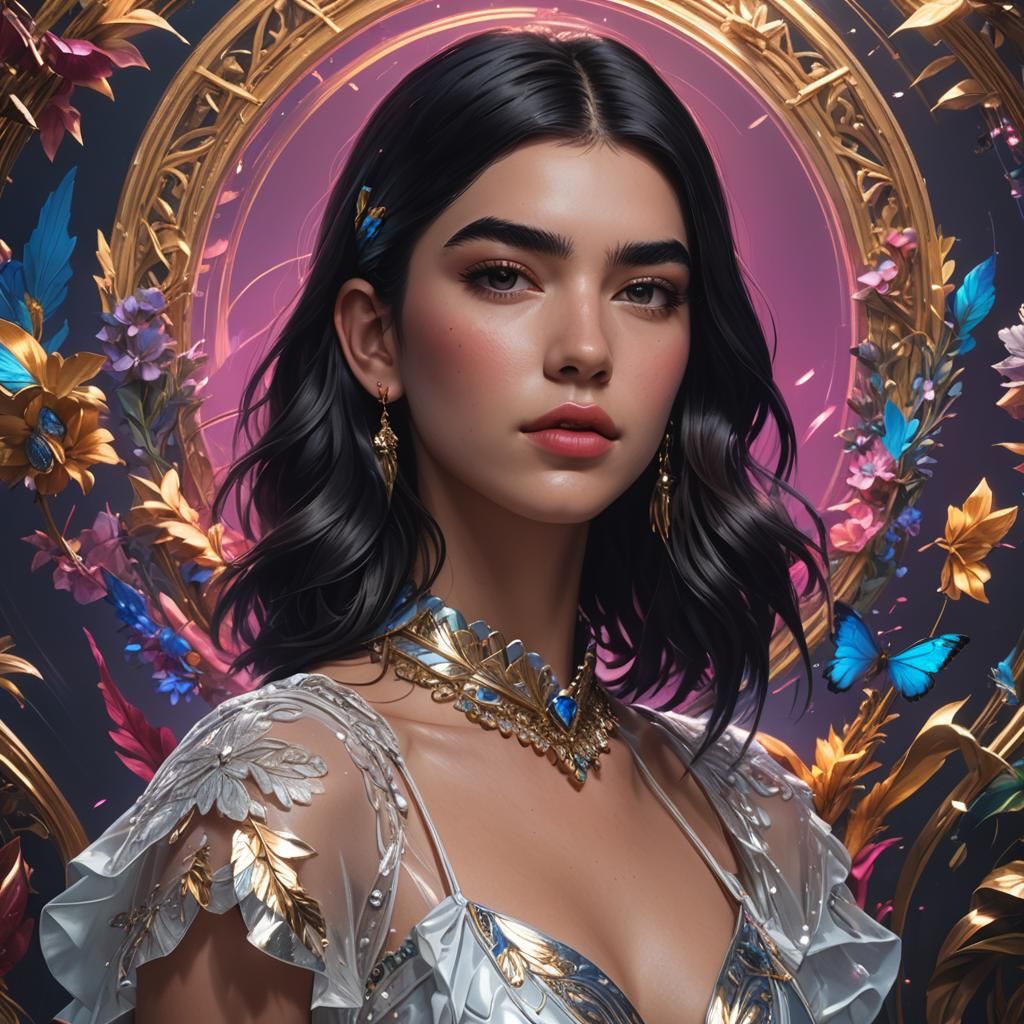 Dua Lipa Portrait in Hyperdetailed Splash Art Style