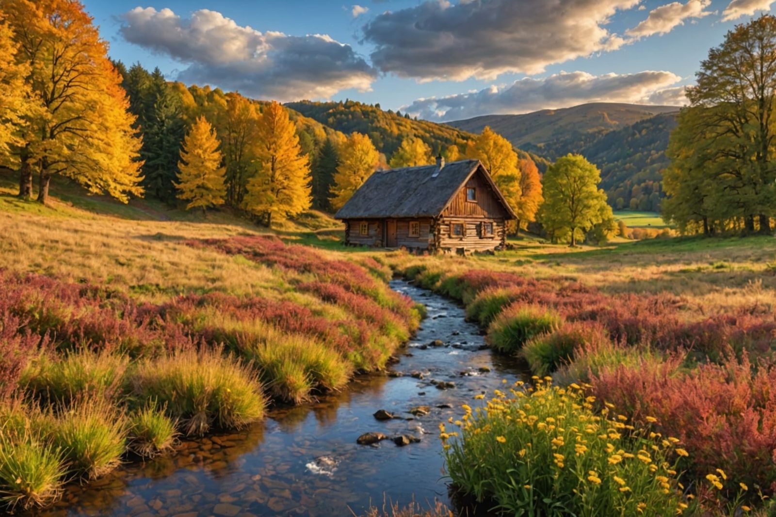 Autumn Landscape with Stream and Colorful Foliage