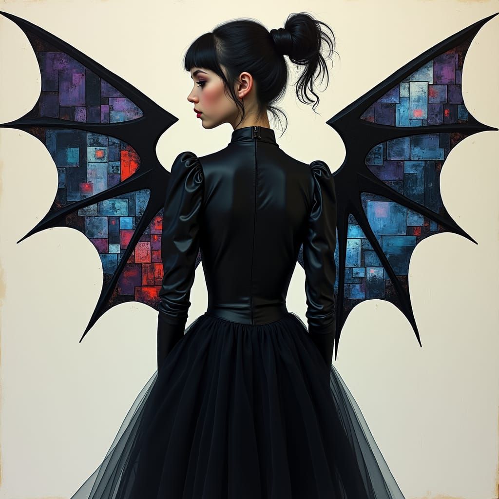 Gothic Woman with Geometric Wings in Cubist Style