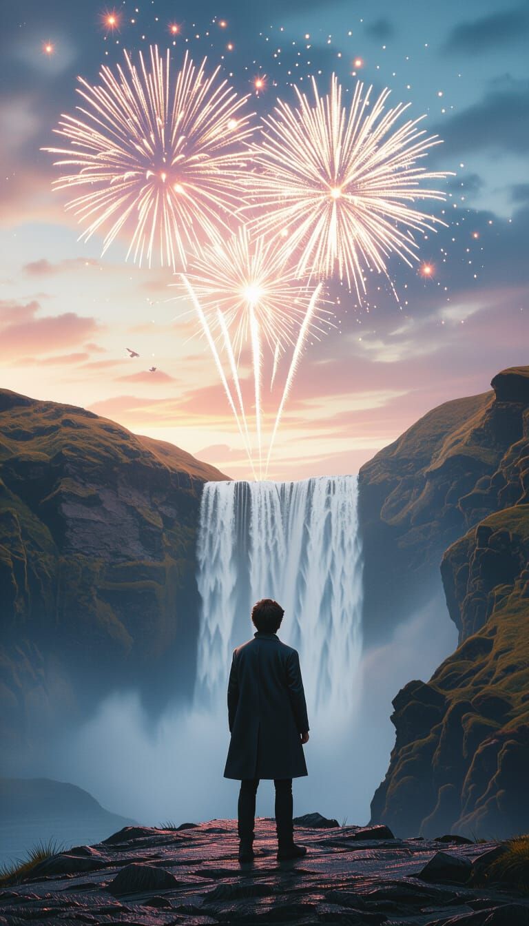 Dramatic Waterfall Scene with Fireworks, in Cyberpunk Style