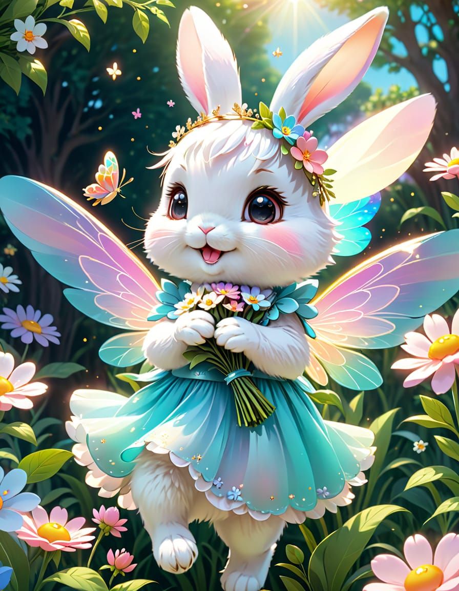 Kawaii Rabbit Fairy with Flowers in Anime Style