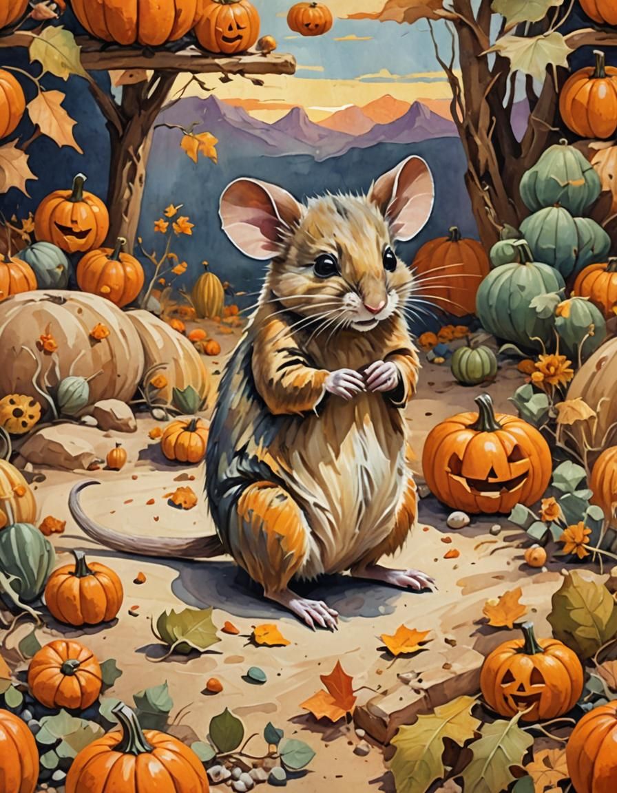 Desert Mouse with Jack-o'-Lantern in Gouache Style
