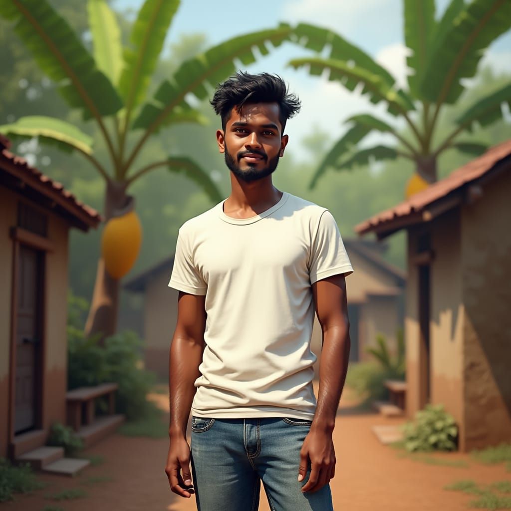 Indian Man with Mystique Smile in Lush Village