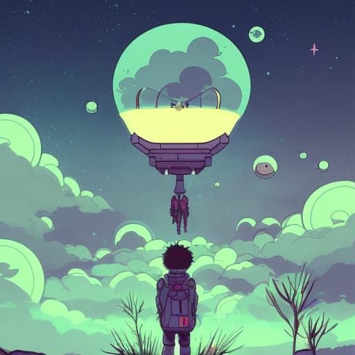 UFO Landing on Moonscape in Anime Style