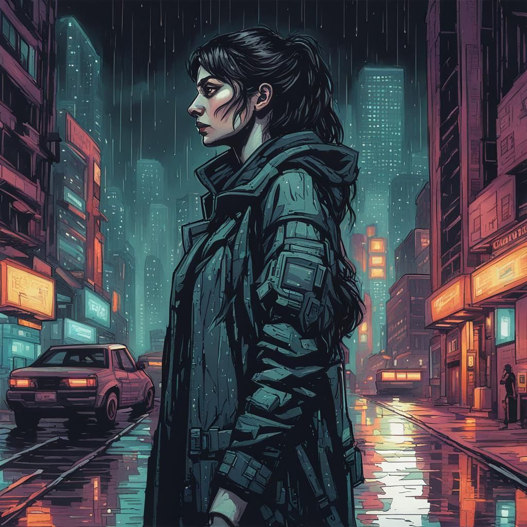 Cyberpunk Protagonist in Rainy Cityscape: 8-bit Ink Drawing