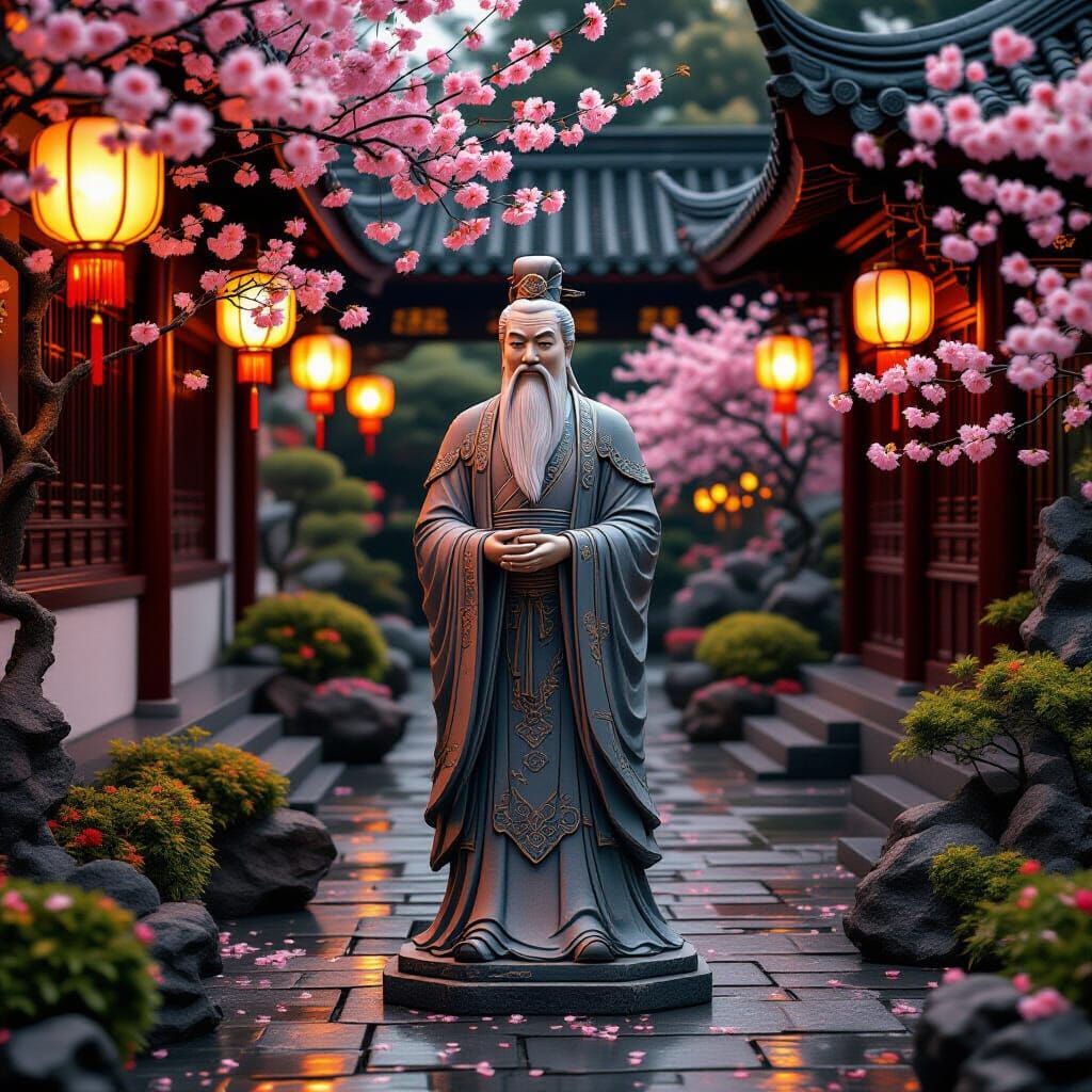 Wise Confucius Statue in Vibrant Chinese Garden