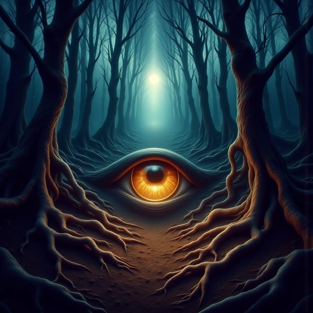 Surreal Glowing Eye in Misty Forest