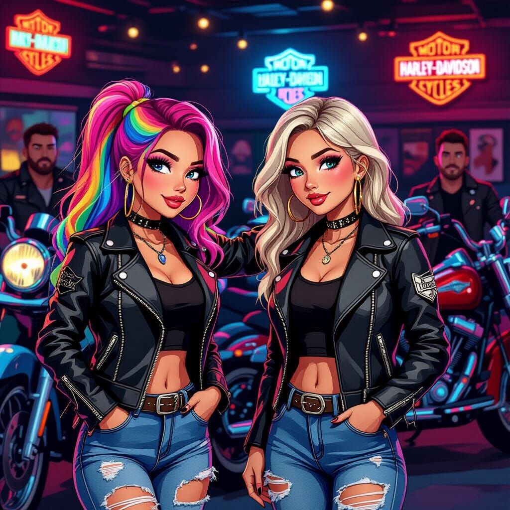 Biker Girls and Guys at MC Club in Animated Style