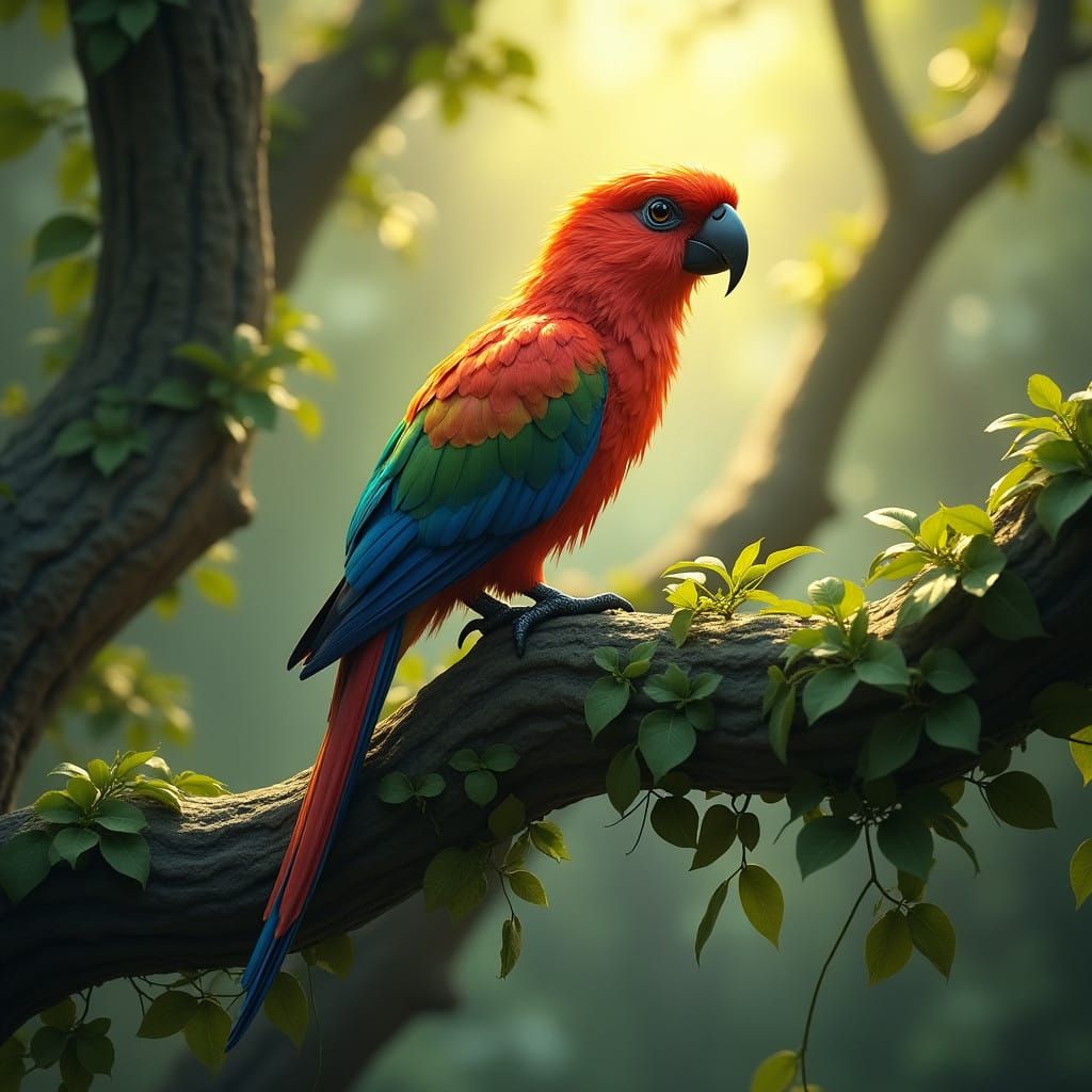 Exotic Bird Perched on Gnarled Branch in Vibrant Fantasy Sce...