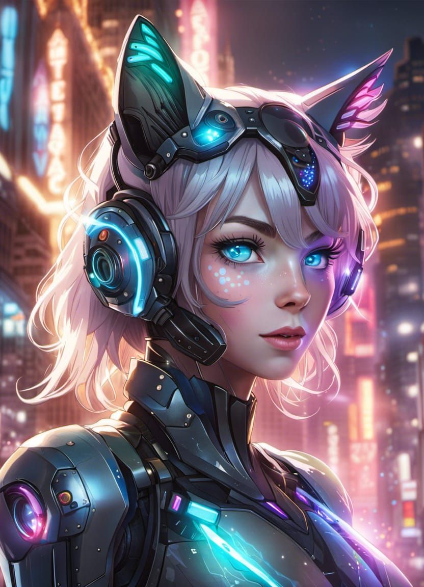 Cat Girl Robot in Futuristic Mecha Exosuit