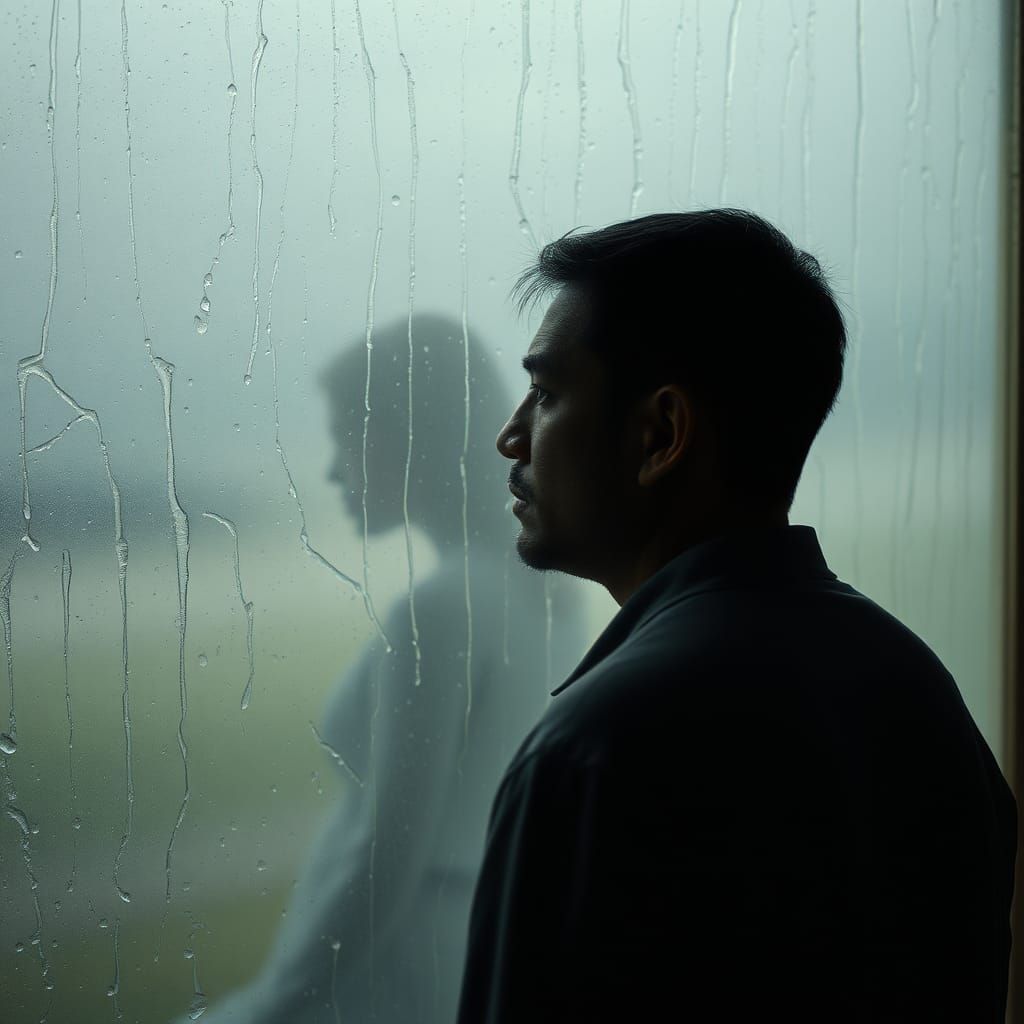 Sorrowful Man at Window in Ethereal Realism Style