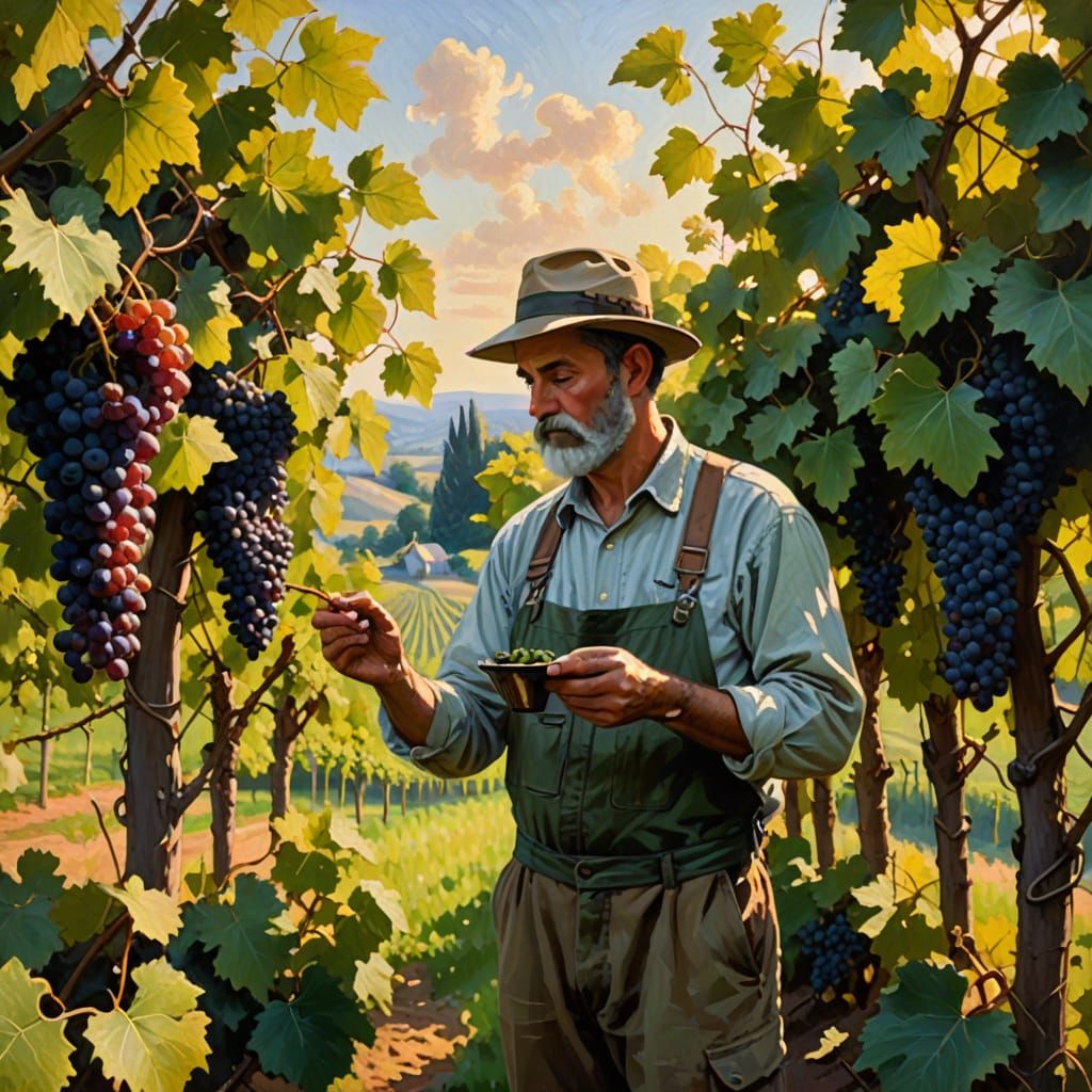 Grape Inspector in Lush Vineyard, Inspired by Impressionism