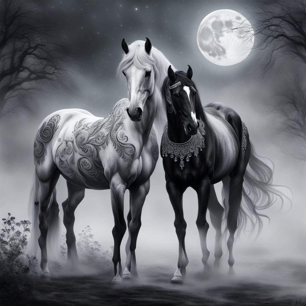 Majestic Black and White Horse with Foal in Fog