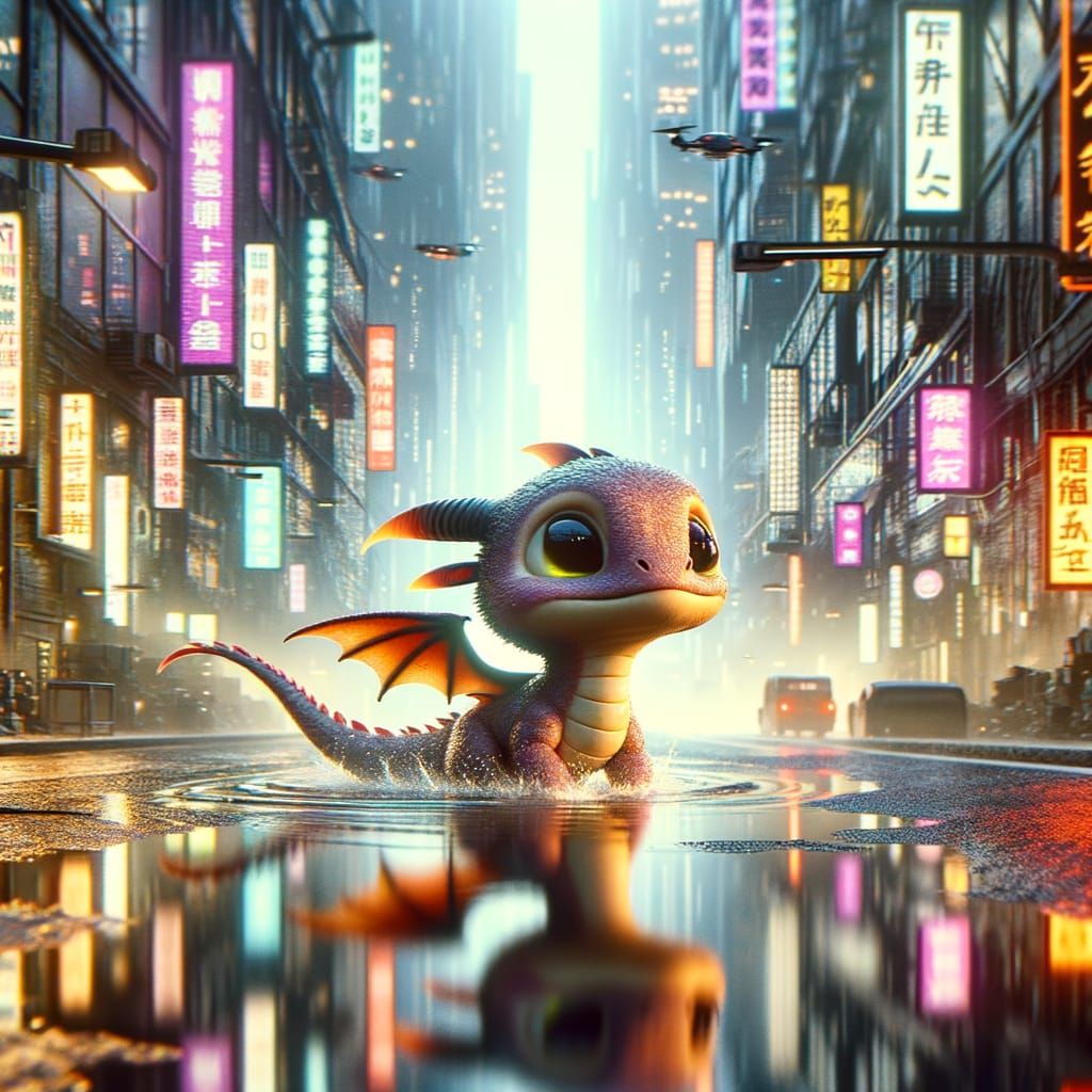 Trashpunk Dragon in Cyberpunk Cityscape