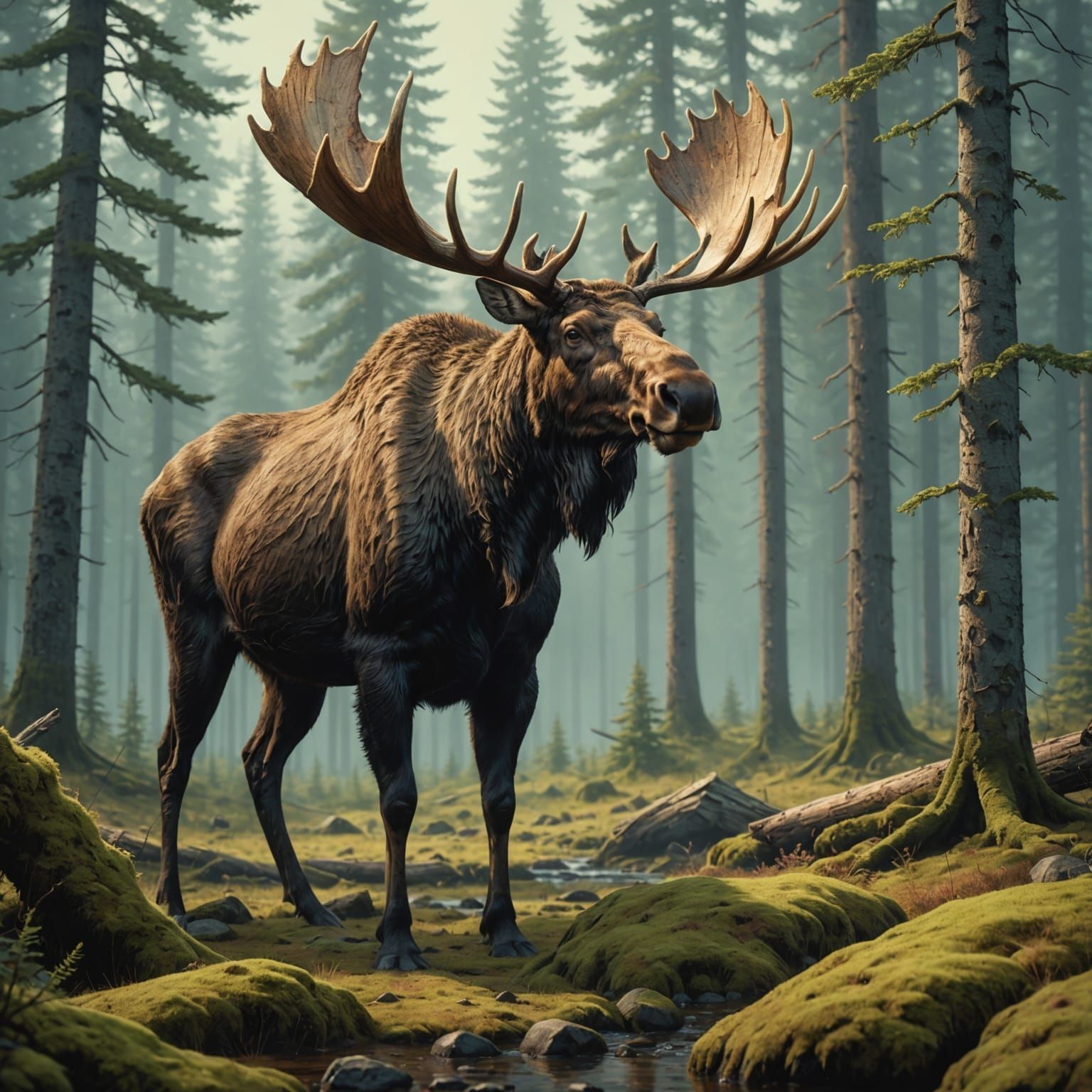 Majestic Moose in Misty Alaskan Forest