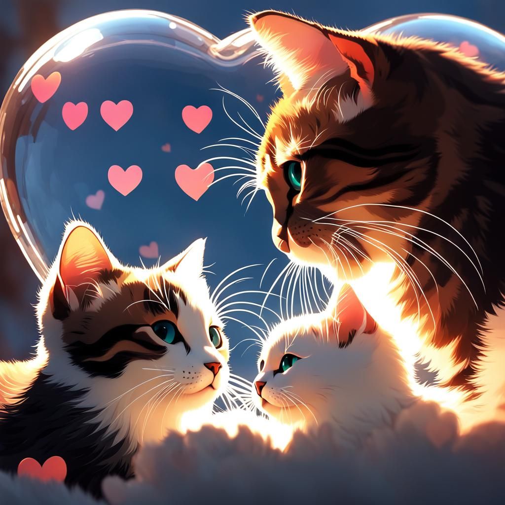 Cuddling Kittens in Double-Exposure Anime Art