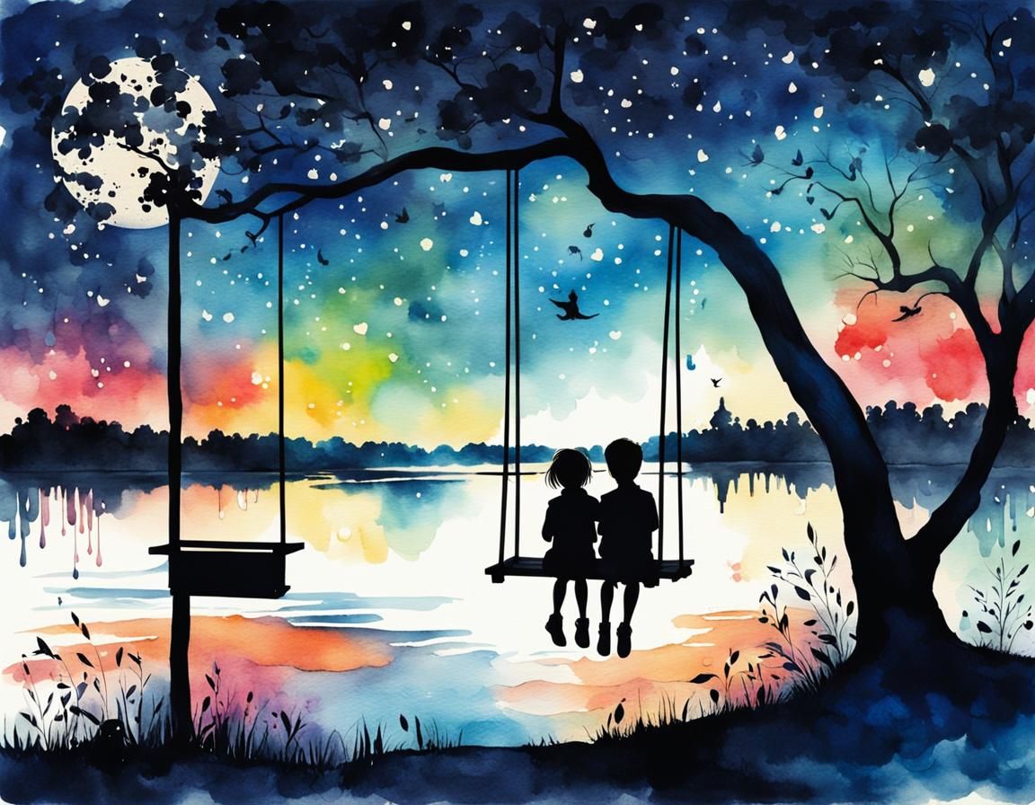 Watercolor Painting: Children on Swing at Night