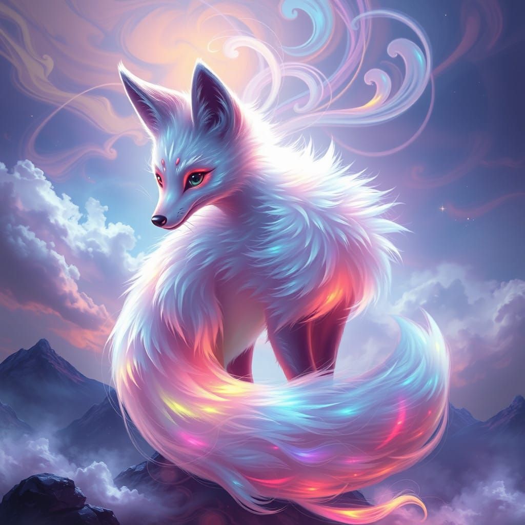 Ethereal Rainbow Fox in Dreamy Cloudscape