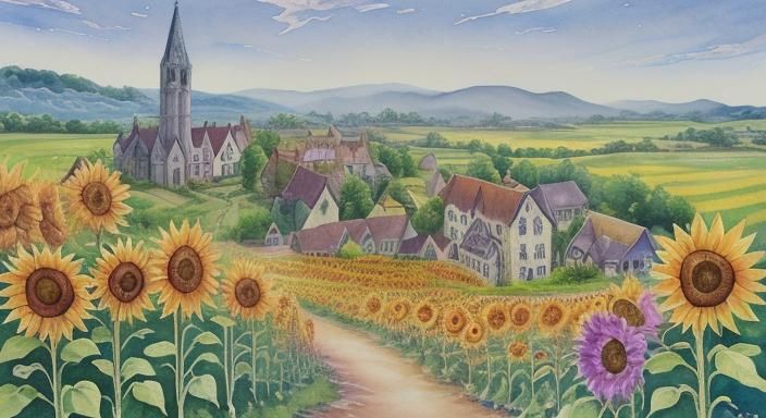 Sparkling Sunflower Field with Village, Watercolor Gouache