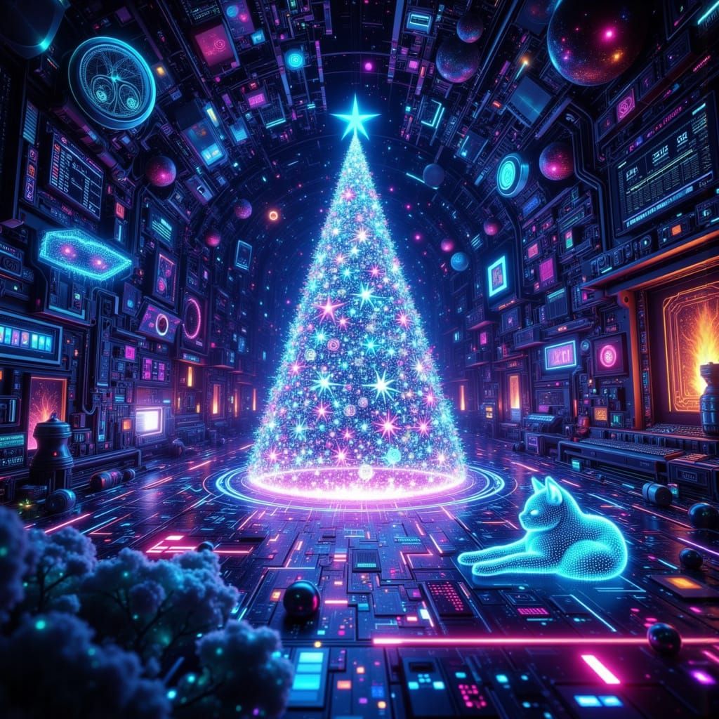 Futuristic Cyber Christmas Tree with Holographic Ornaments