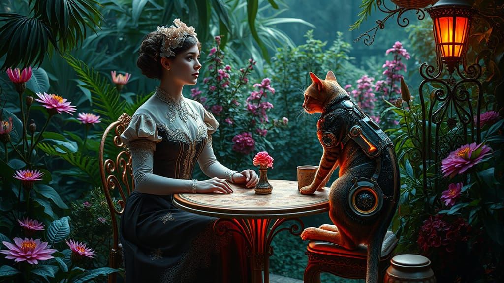 Ethereal Victorian Lady Meets Cyberpunk Cat in Whimsical Art...