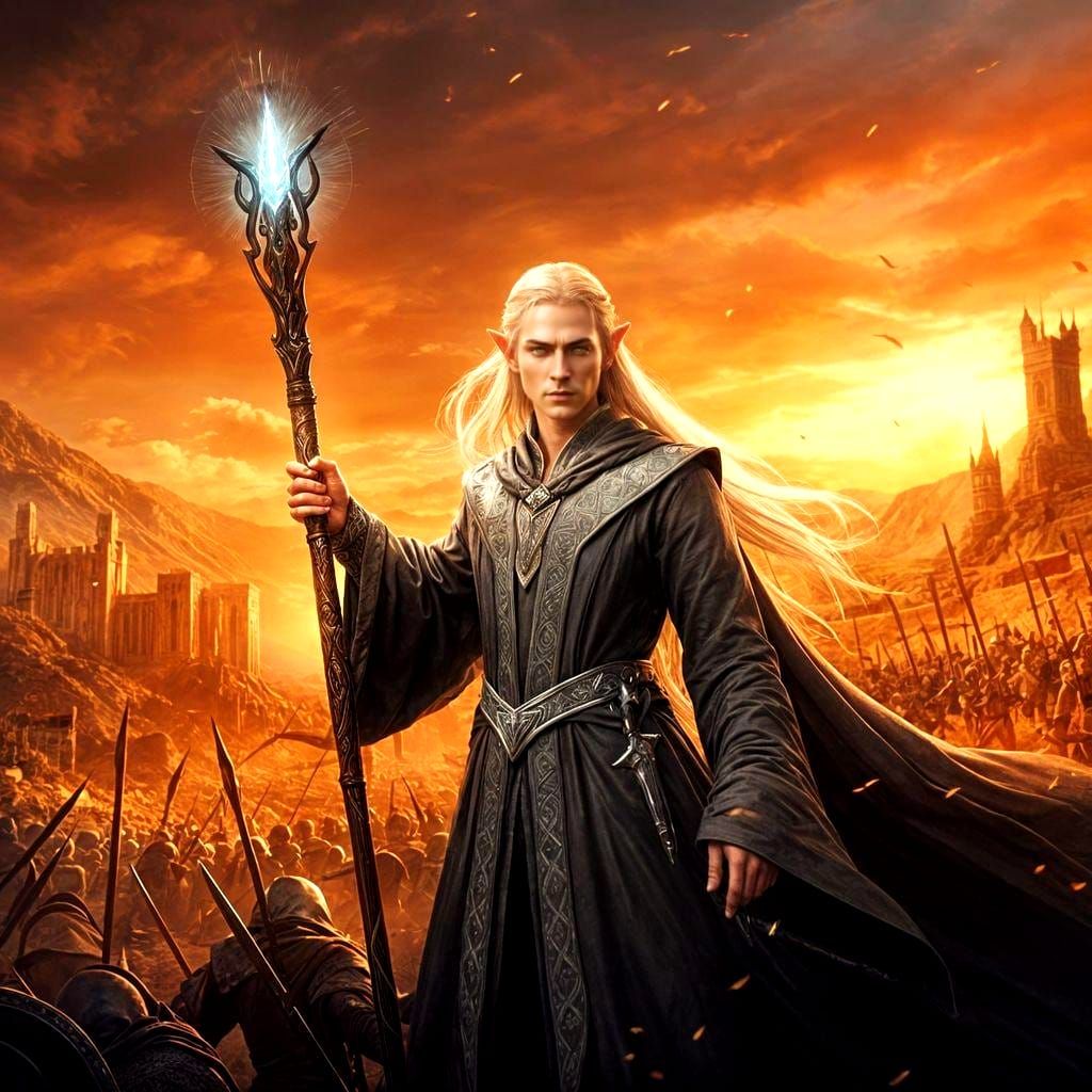 High Elf Mage on Battlefield in Cinematic Style