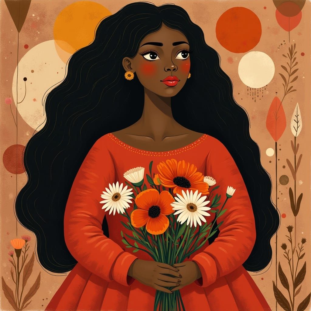 Girl in Red with Flowers and Geometric Shapes