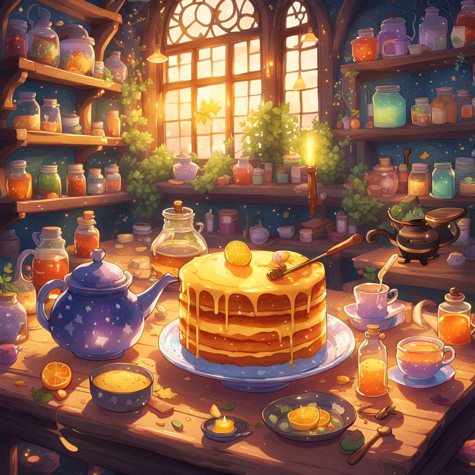 Enchanted Witch's Kitchen: Honey Lemon Cake and Tea in Anime...