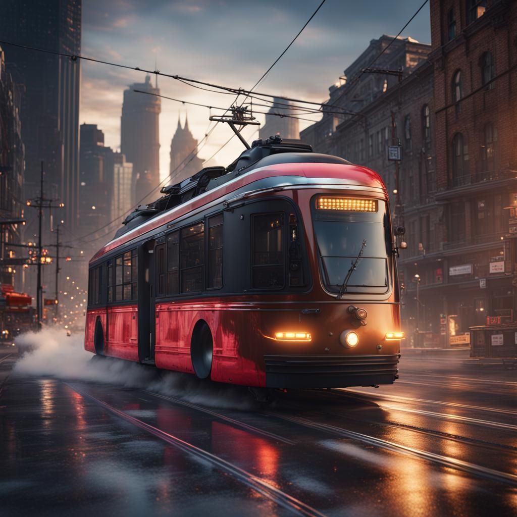Street Car Racing Through Downtown: Detailed Matte Painting