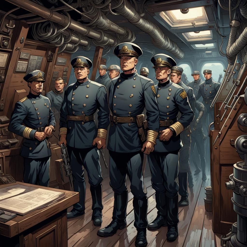 Dieselpunk Officers Prepare for Battle, Comic Book Art