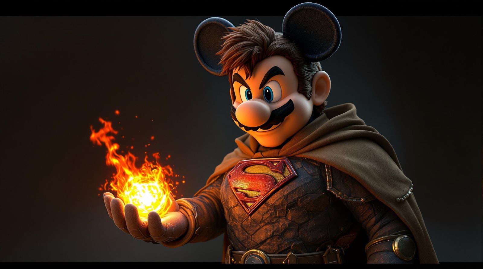 Mario in Iconic Superman and Jedi Robes, Holding Fireball wi...