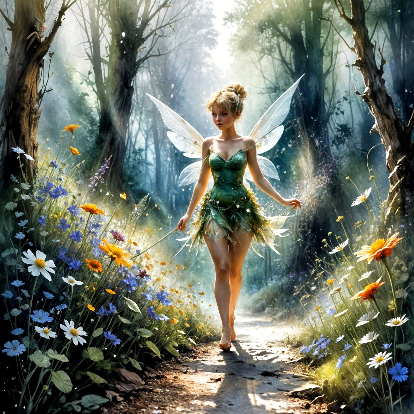 Whimsical Tinkerbell Fairy Amidst Wildflowers in Dreamy Wate...
