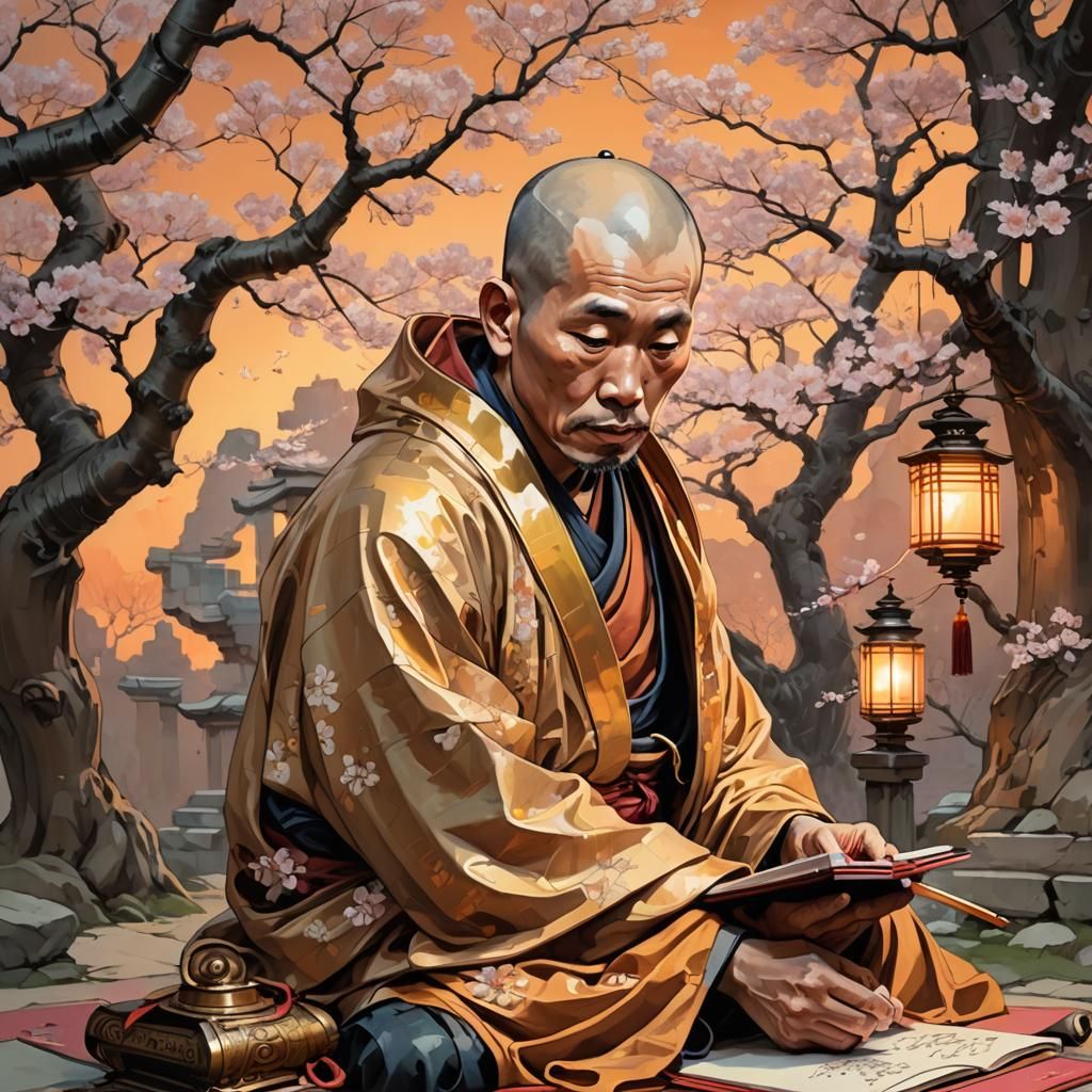 Japanese Monk Writing Scroll, Surreal Digital Illustration