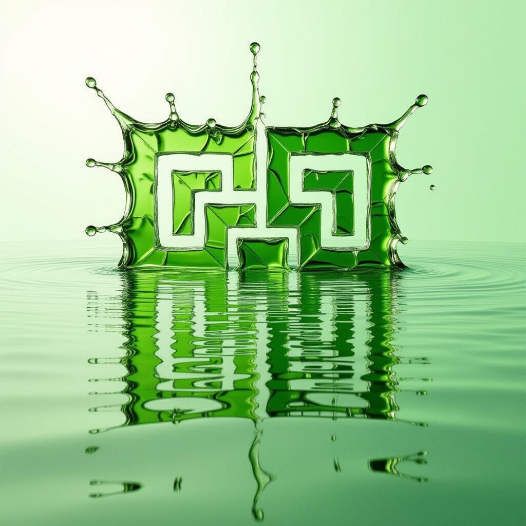 Abstract Green Fire and Water Reflections with Geometric Sha...