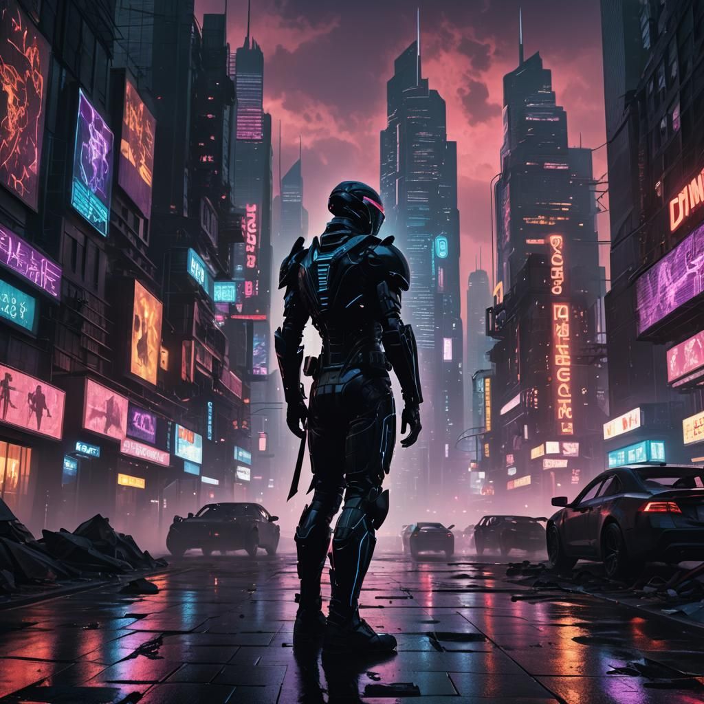 Dystopian Figure in a Futuristic Cityscape