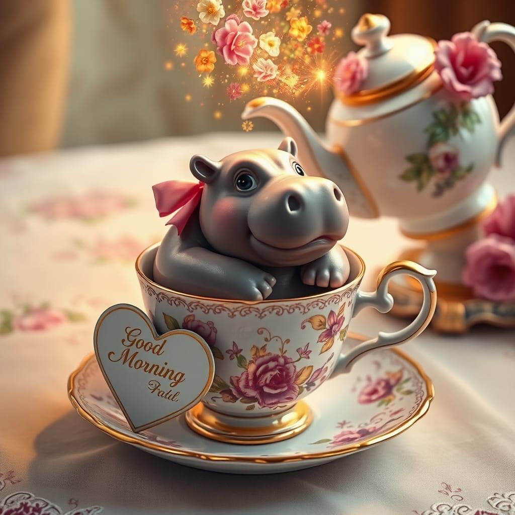 Hippo in Teacup with Flowers, 3D Render
