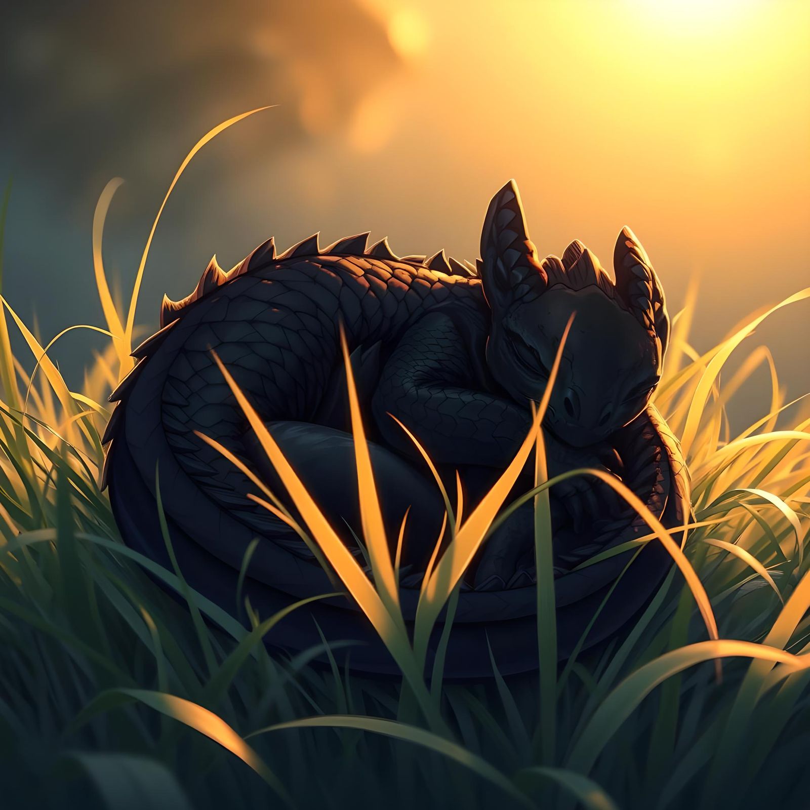 Sleeping Black Dragon Cub Sticker in Anime Style