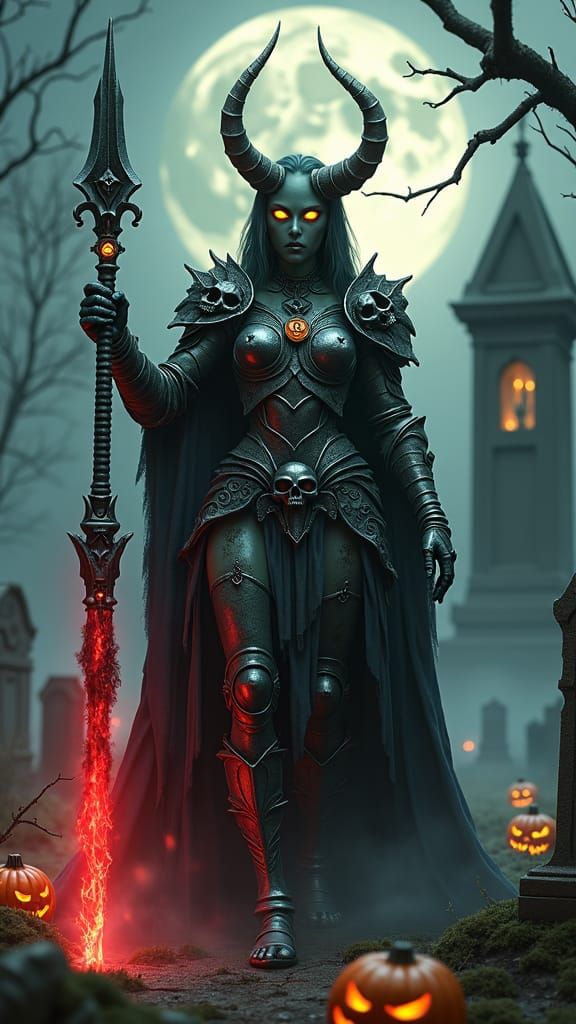 Female Orc in armor, holding a glowing red glowing staff sta...