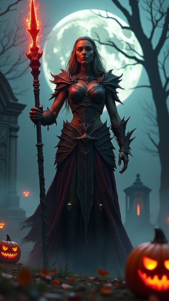 Female Orc in armor, holding a glowing red glowing staff sta...