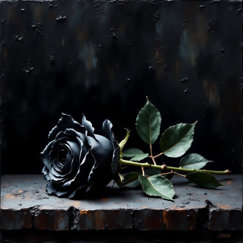 Black Rose Oil Painting on Dark Table