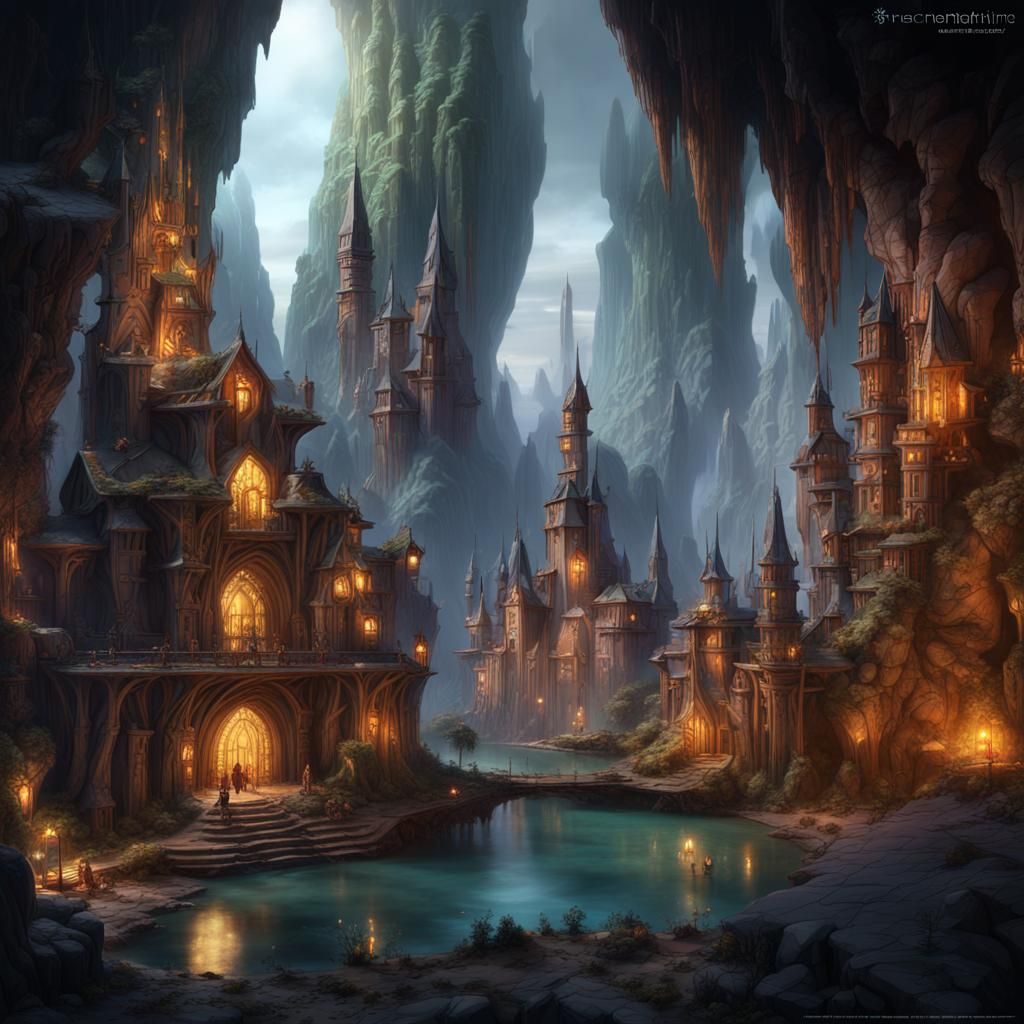 Enchanted Dwarf City in Crystal Cave: Detailed Matte Paintin...