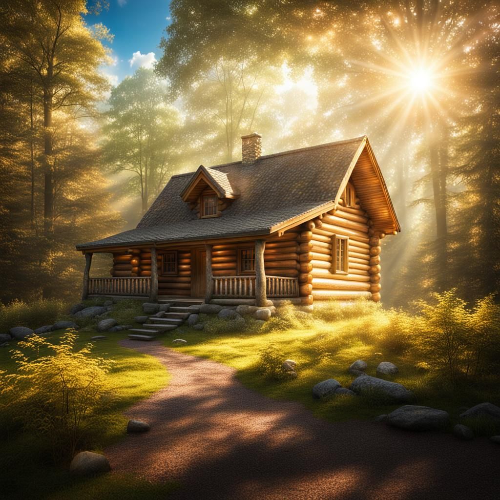 Log Cabin in Woods with Heavenly Sunlight
