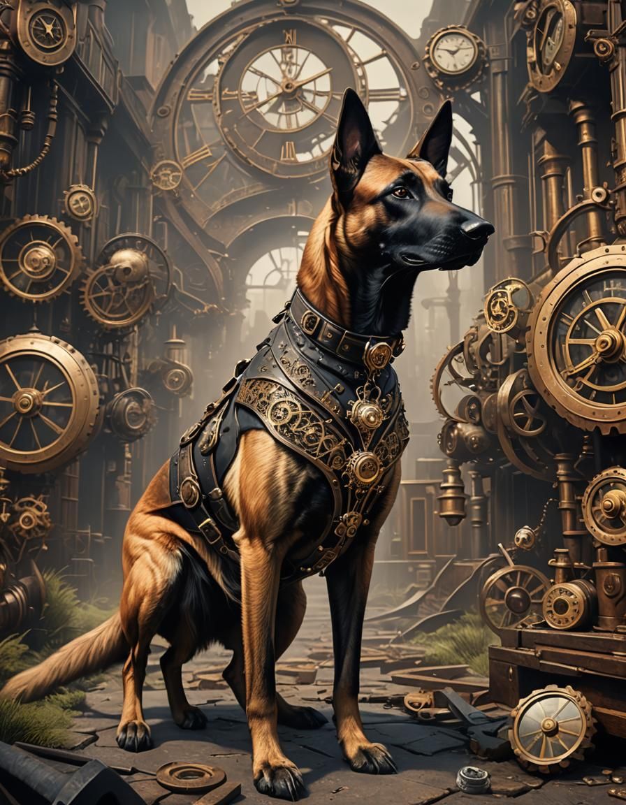 Steampunk Victorian Belgian Malinois Detailed Painting