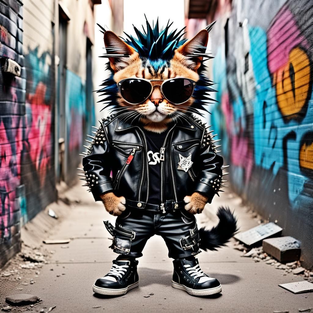 Punk Rock Cat with Spiked Hair and Graffiti