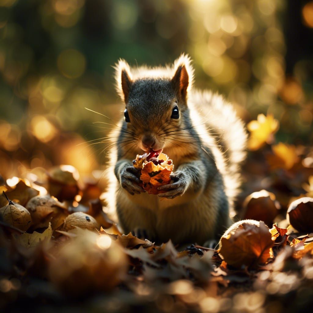 Cute Squirrel Eating Walnut in Forest Glade