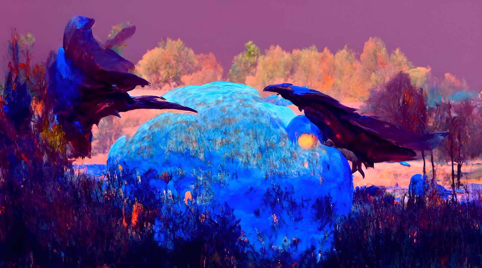 Plasma Arches with Ravens in Photorealistic Style