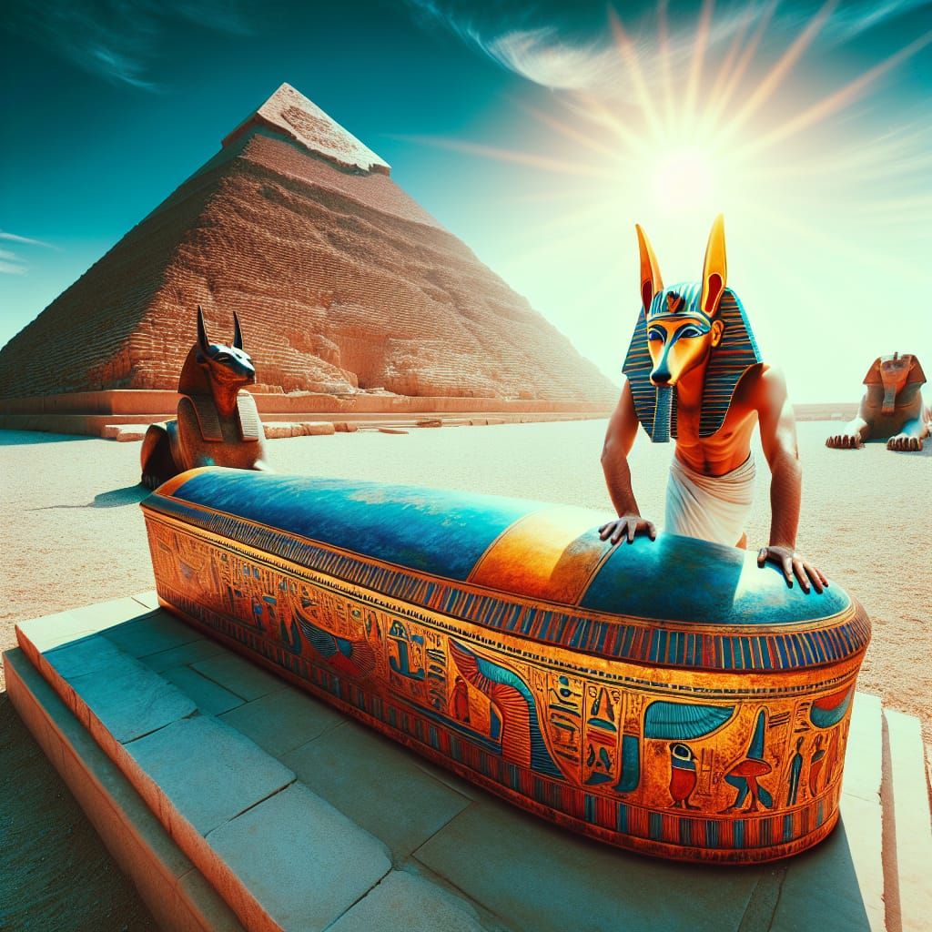 Egyptian Coffin and Anubis Mask at Temple