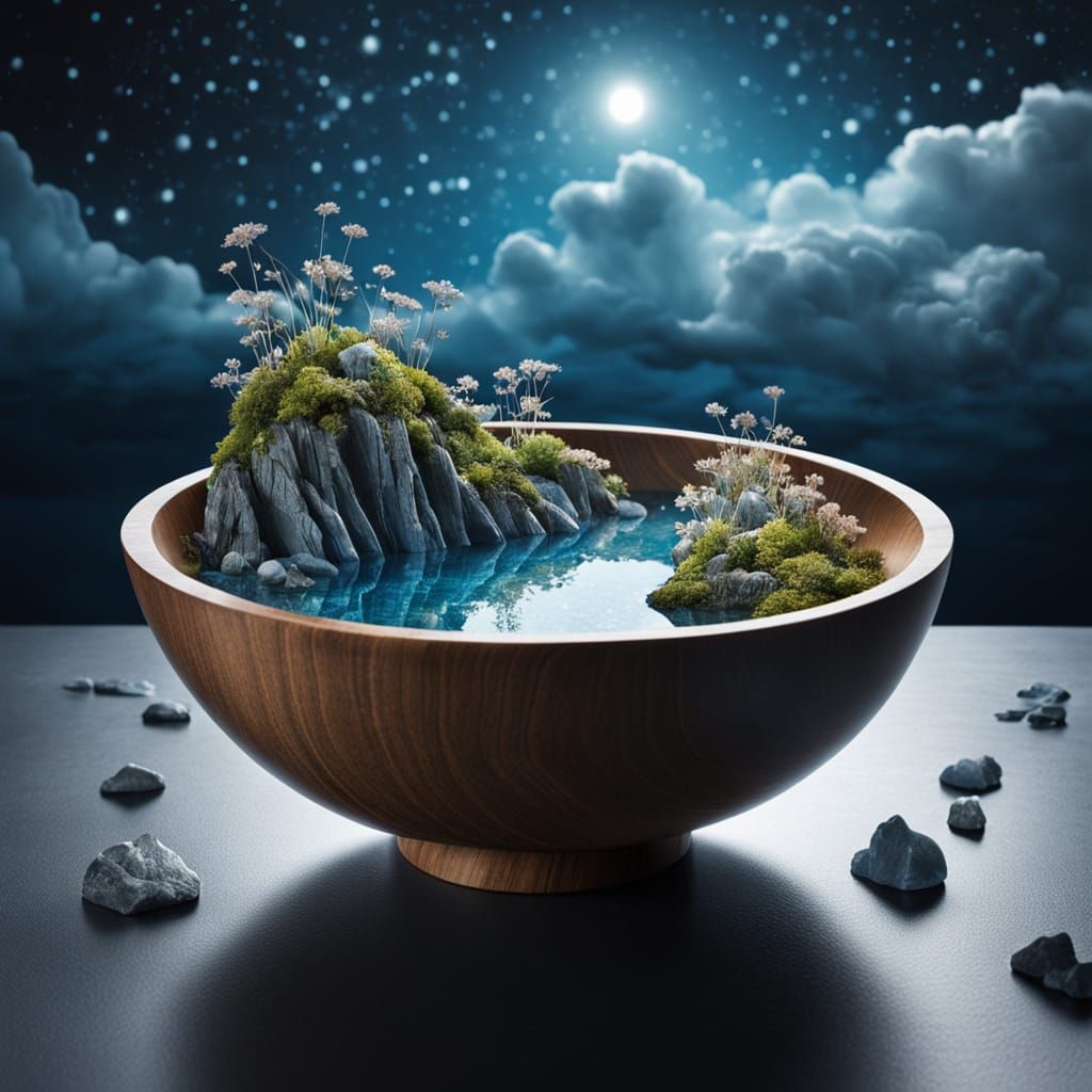 A beautifully crafted wooden bowl, filled with water